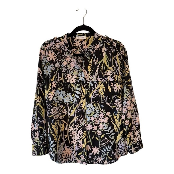 Calvin Klein Women’s Button Front Blouse Black Pastel Garden Floral - Size Small - Picture 1 of 15